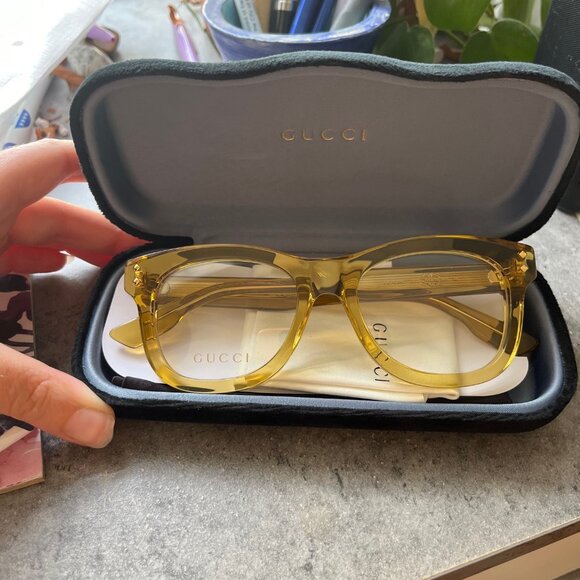 Gucci Square Eyeglasses GG1086O-002 Shiny Transparent Mustard Frame Transparent - Picture 2 of 4